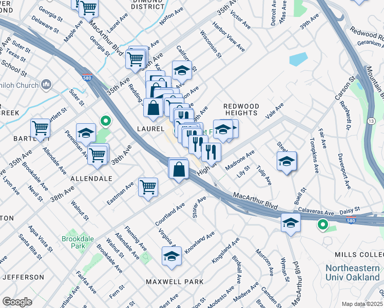map of restaurants, bars, coffee shops, grocery stores, and more near 4203 MacArthur Boulevard in Oakland