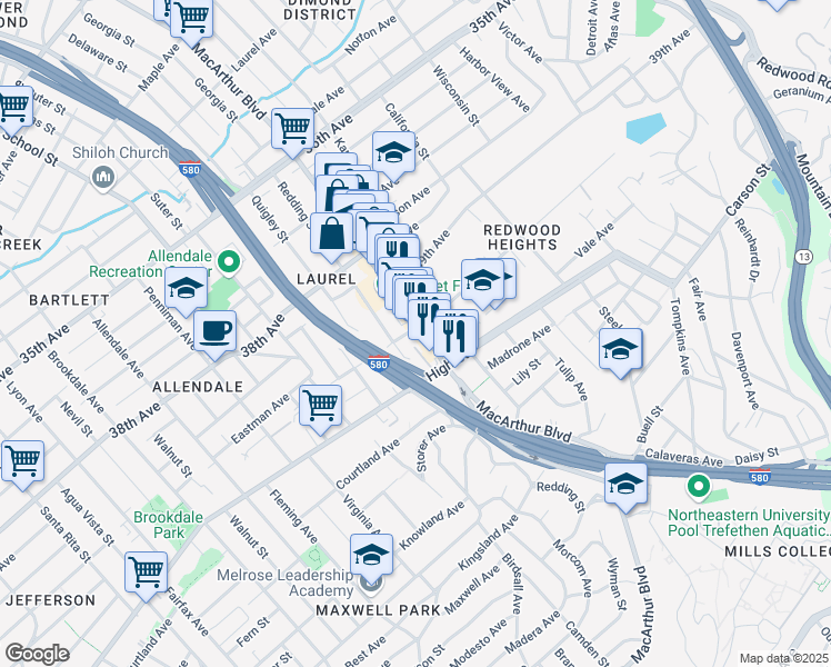 map of restaurants, bars, coffee shops, grocery stores, and more near 4203 MacArthur Boulevard in Oakland