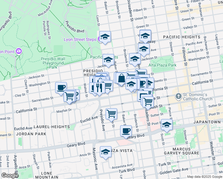 map of restaurants, bars, coffee shops, grocery stores, and more near 3167 Sacramento Street in San Francisco