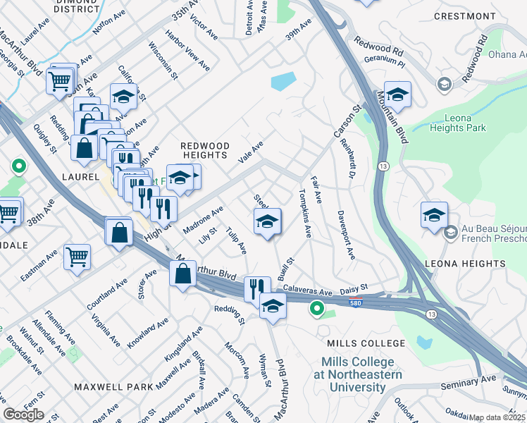 map of restaurants, bars, coffee shops, grocery stores, and more near 4421 Steele Street in Oakland