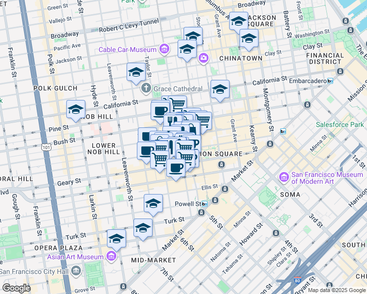 map of restaurants, bars, coffee shops, grocery stores, and more near 398 Geary Street in San Francisco