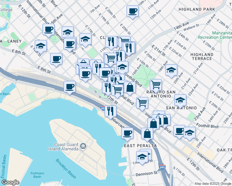 map of restaurants, bars, coffee shops, grocery stores, and more near 1539 International Boulevard in Oakland