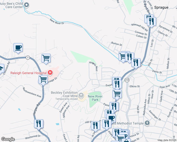 map of restaurants, bars, coffee shops, grocery stores, and more near 250 Angels Rest in Beckley