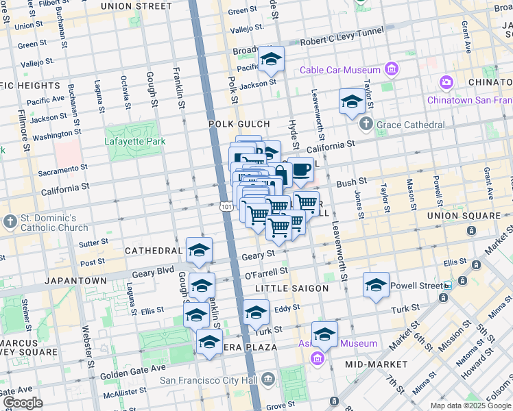 map of restaurants, bars, coffee shops, grocery stores, and more near 1234 Polk Street in San Francisco