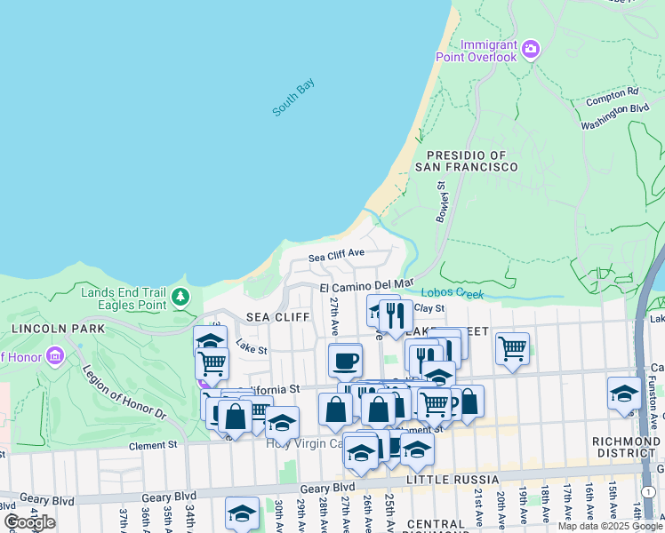 map of restaurants, bars, coffee shops, grocery stores, and more near Easement in San Francisco