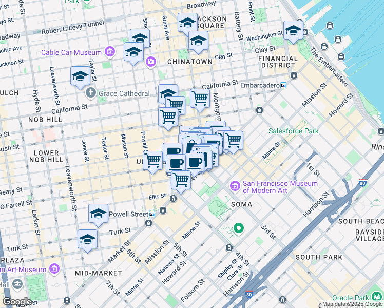 map of restaurants, bars, coffee shops, grocery stores, and more near 58 Maiden Lane in San Francisco
