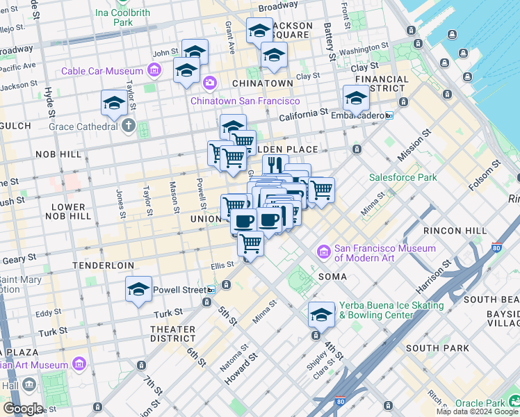 map of restaurants, bars, coffee shops, grocery stores, and more near 58 Geary Boulevard in San Francisco