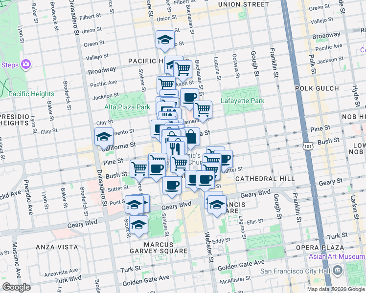 map of restaurants, bars, coffee shops, grocery stores, and more near 2263 Pine Street in San Francisco