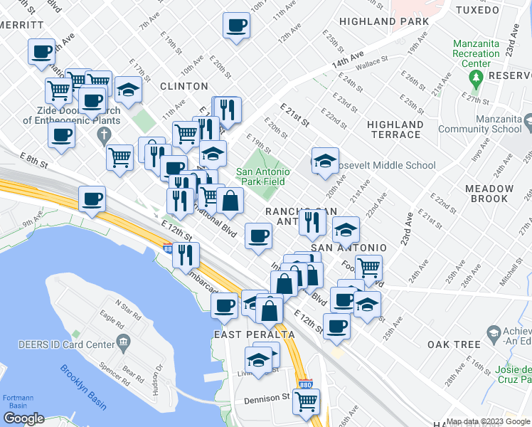 map of restaurants, bars, coffee shops, grocery stores, and more near 1540 18th Avenue in Oakland