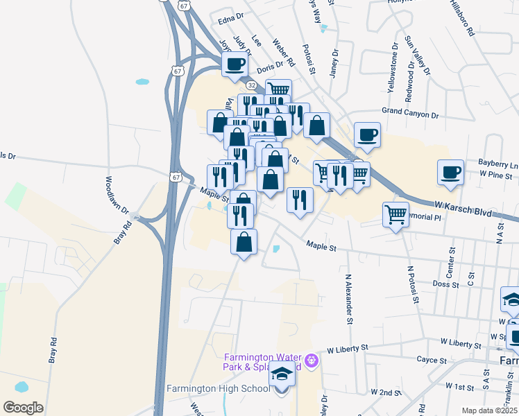 map of restaurants, bars, coffee shops, grocery stores, and more near 534 Maple Valley Drive in Farmington