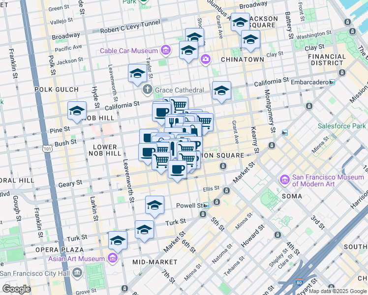 map of restaurants, bars, coffee shops, grocery stores, and more near 398 Geary Street in San Francisco