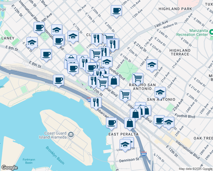 map of restaurants, bars, coffee shops, grocery stores, and more near 1613 International Boulevard in Oakland