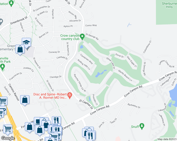map of restaurants, bars, coffee shops, grocery stores, and more near 567 Rolling Hills Lane in Danville