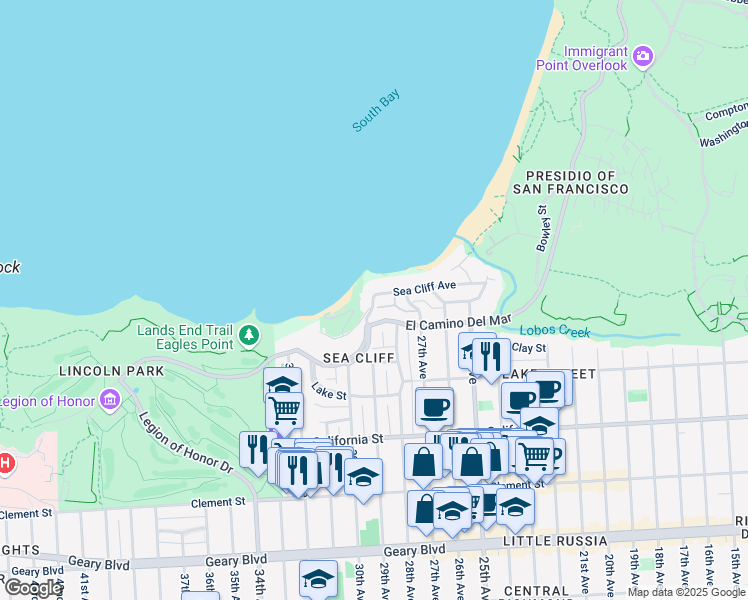 map of restaurants, bars, coffee shops, grocery stores, and more near 340 Sea Cliff Ave in San Francisco