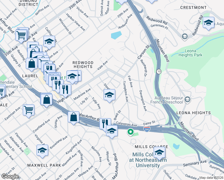 map of restaurants, bars, coffee shops, grocery stores, and more near 3863 Enos Avenue in Oakland