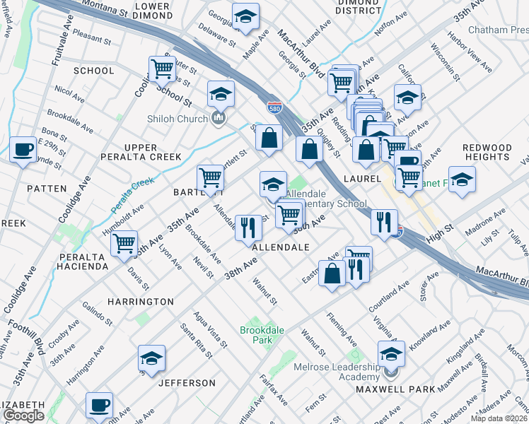 map of restaurants, bars, coffee shops, grocery stores, and more near 3707 Penniman Avenue in Oakland