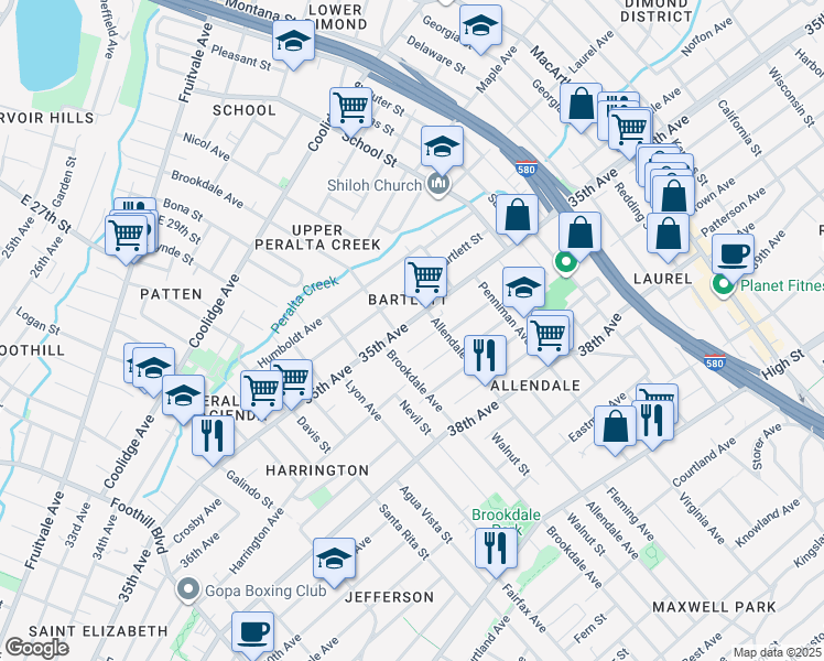map of restaurants, bars, coffee shops, grocery stores, and more near 2625 Octavia Street in Oakland