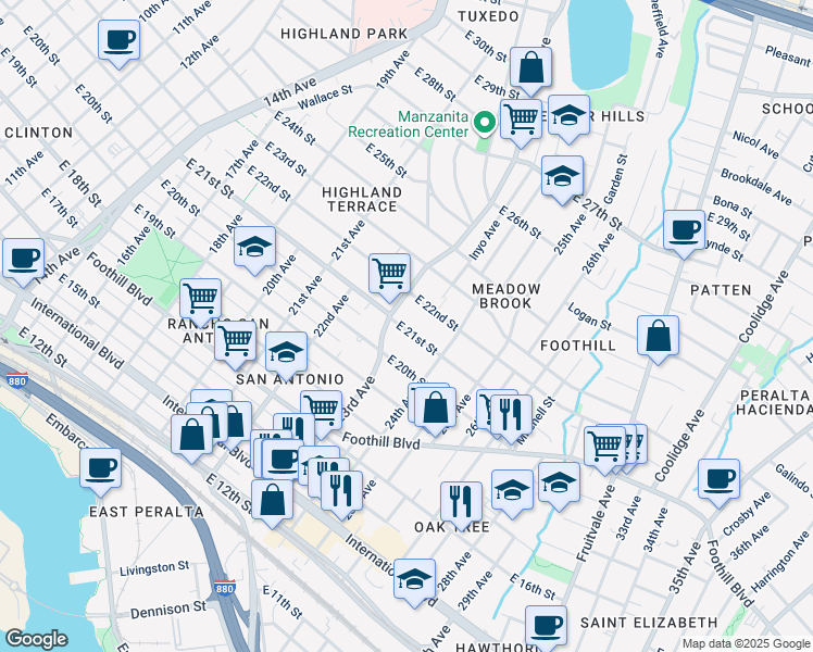 map of restaurants, bars, coffee shops, grocery stores, and more near 2356 East 21st Street in Oakland