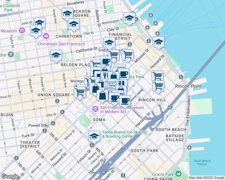 map of restaurants, bars, coffee shops, grocery stores, and more near in San Francisco