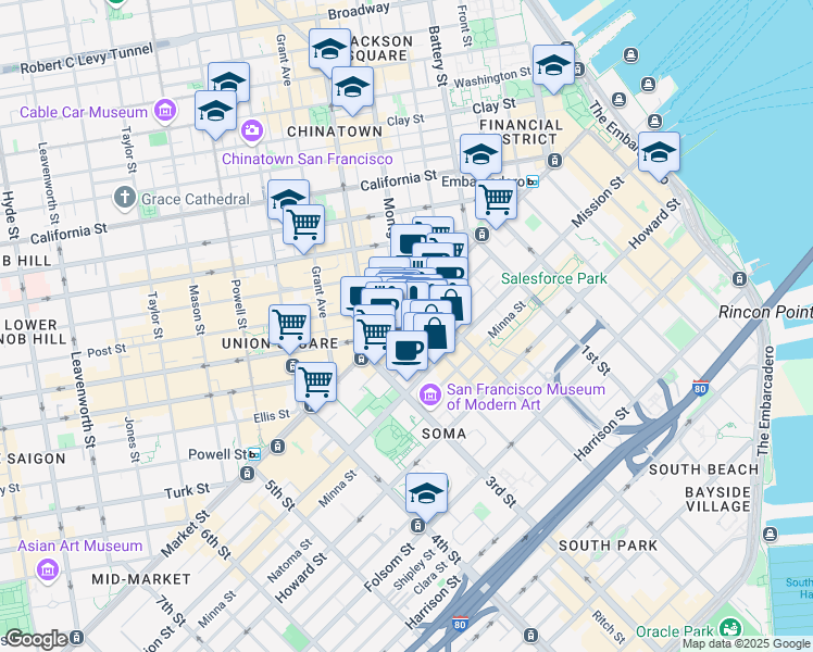 map of restaurants, bars, coffee shops, grocery stores, and more near 105 Jessie Street in San Francisco