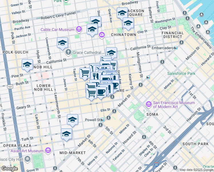 map of restaurants, bars, coffee shops, grocery stores, and more near 291 Geary Boulevard in San Francisco