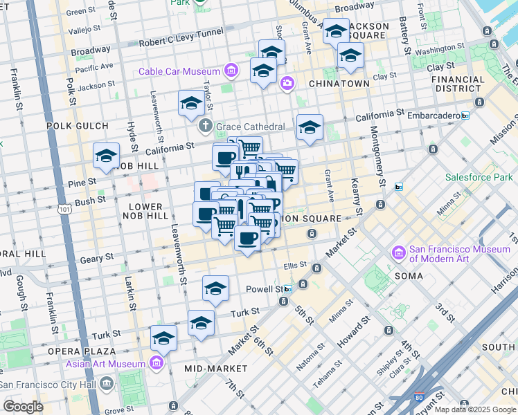 map of restaurants, bars, coffee shops, grocery stores, and more near 398 Geary Street in San Francisco