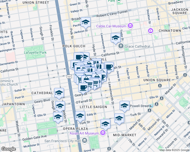 map of restaurants, bars, coffee shops, grocery stores, and more near 1078 Sutter Street in San Francisco