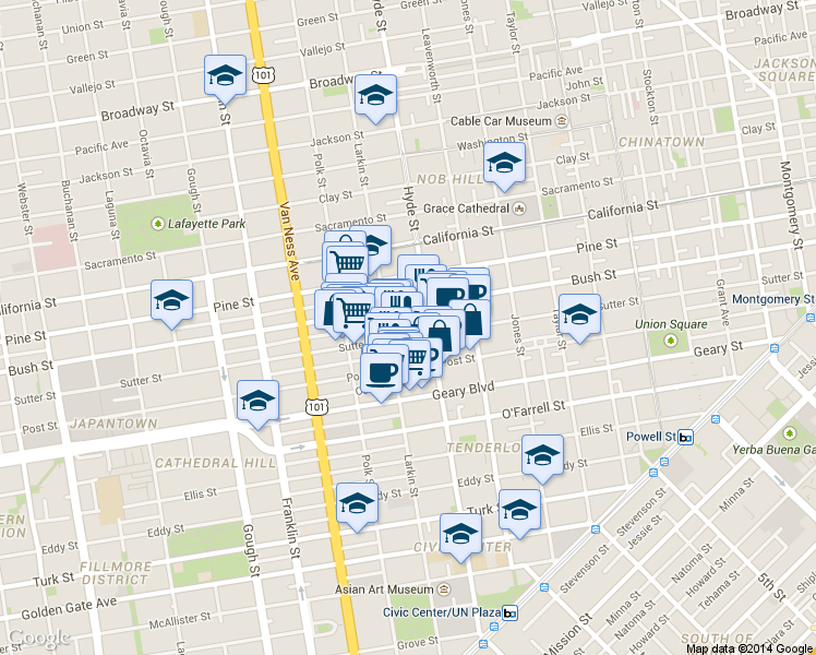 map of restaurants, bars, coffee shops, grocery stores, and more near 1078 Sutter Street in San Francisco