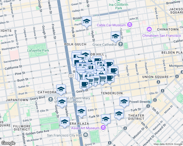 map of restaurants, bars, coffee shops, grocery stores, and more near 1078 Sutter Street in San Francisco
