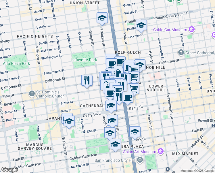 map of restaurants, bars, coffee shops, grocery stores, and more near 1613 Bush Street in San Francisco