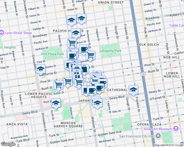 map of restaurants, bars, coffee shops, grocery stores, and more near 2133 Pine Street in San Francisco