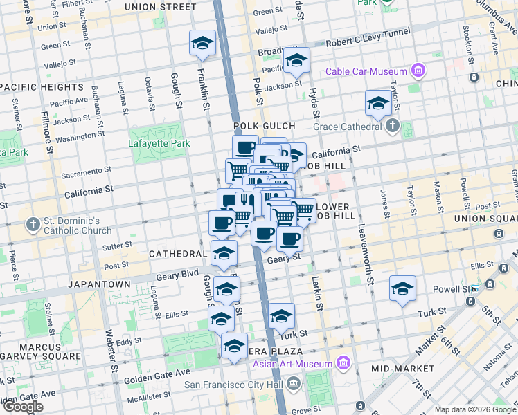 map of restaurants, bars, coffee shops, grocery stores, and more near 1295 Sutter Street in San Francisco