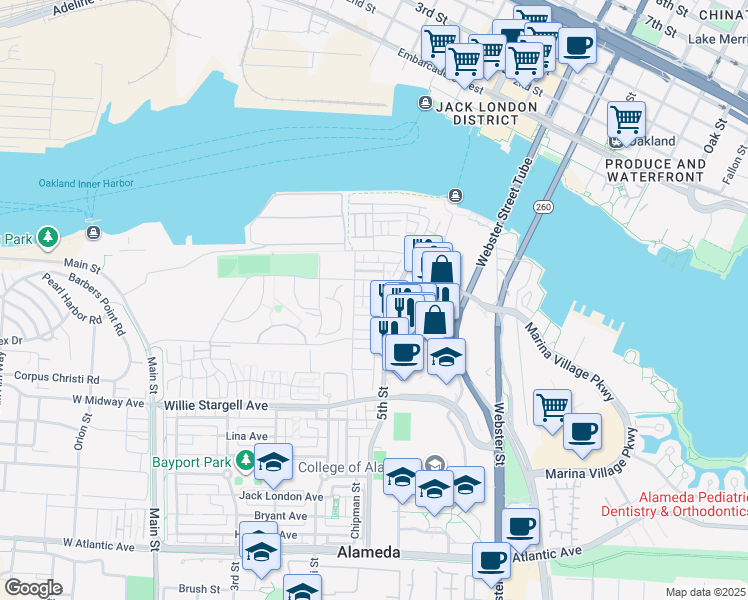 map of restaurants, bars, coffee shops, grocery stores, and more near 2759 Aschow Lane in Alameda