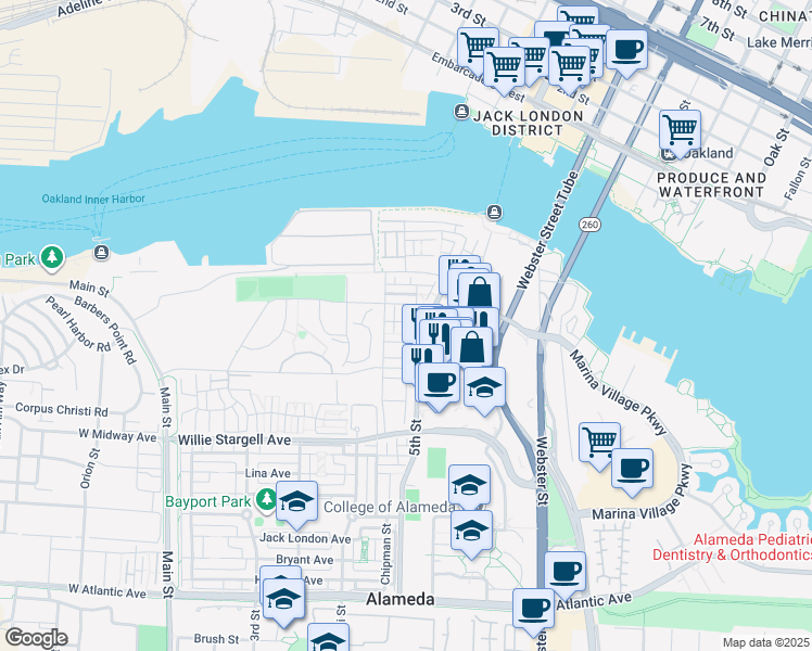 map of restaurants, bars, coffee shops, grocery stores, and more near 2759 Aschow Lane in Alameda