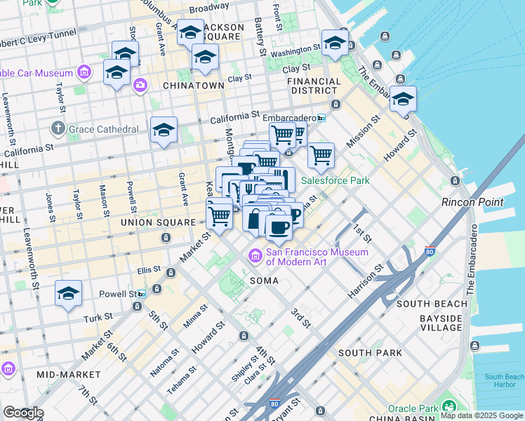 map of restaurants, bars, coffee shops, grocery stores, and more near 92 2nd Street in San Francisco