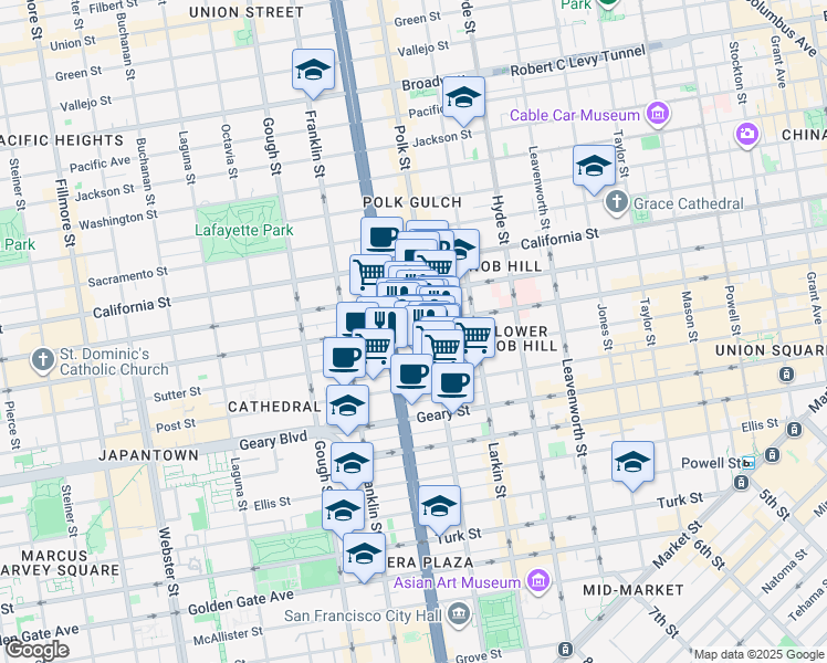 map of restaurants, bars, coffee shops, grocery stores, and more near 1295 Sutter Street in San Francisco