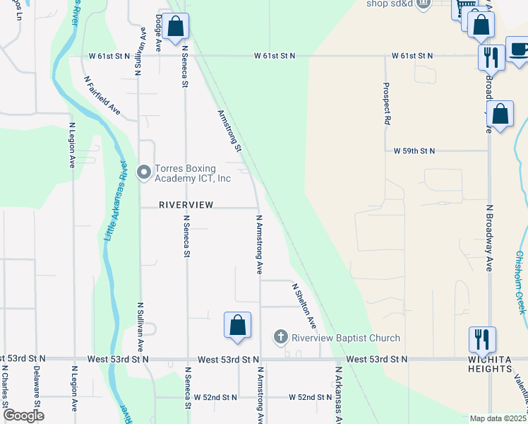 map of restaurants, bars, coffee shops, grocery stores, and more near 5757-5759 Armstrong Street in Wichita