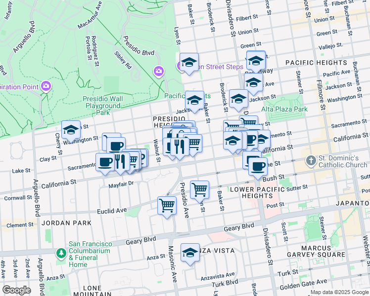 map of restaurants, bars, coffee shops, grocery stores, and more near 3238 Sacramento Street in San Francisco