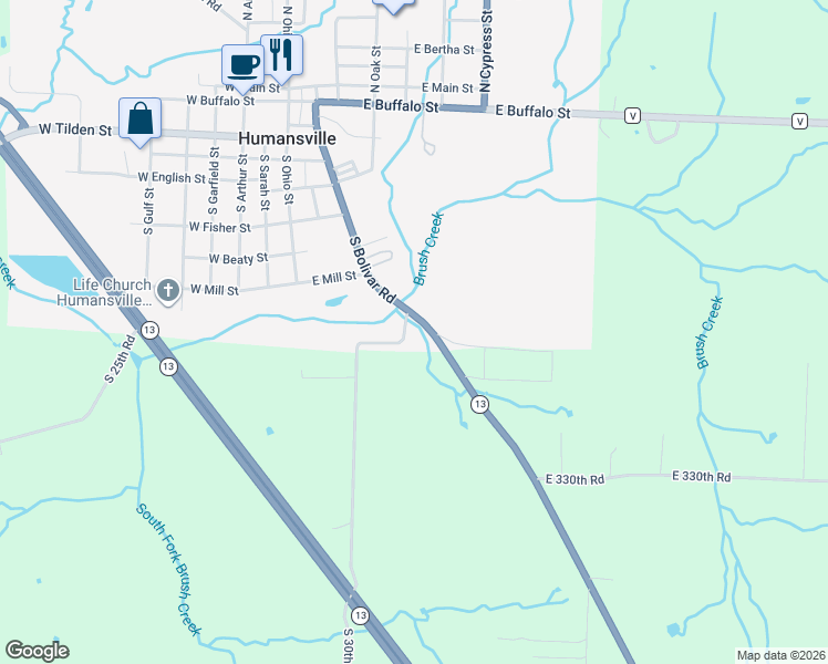 map of restaurants, bars, coffee shops, grocery stores, and more near 200 Zoe Akins Road in Humansville