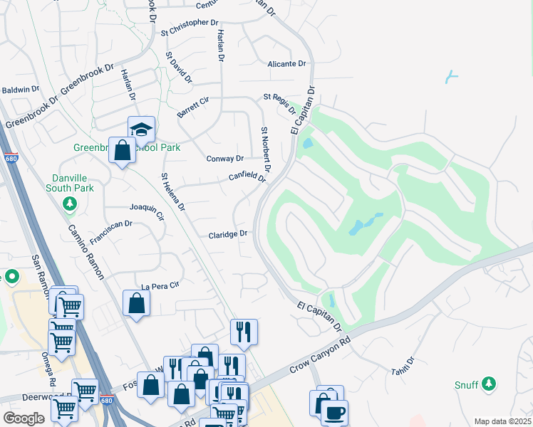 map of restaurants, bars, coffee shops, grocery stores, and more near 1884 Saint George Road in Danville