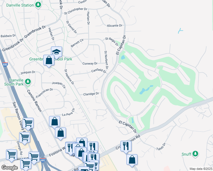 map of restaurants, bars, coffee shops, grocery stores, and more near 1884 Saint George Road in Danville