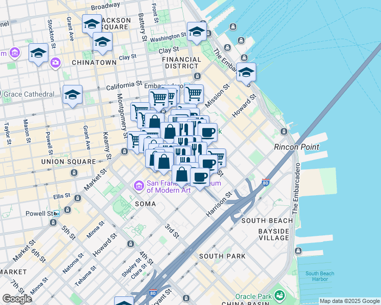 map of restaurants, bars, coffee shops, grocery stores, and more near 500 Howard Street in San Francisco