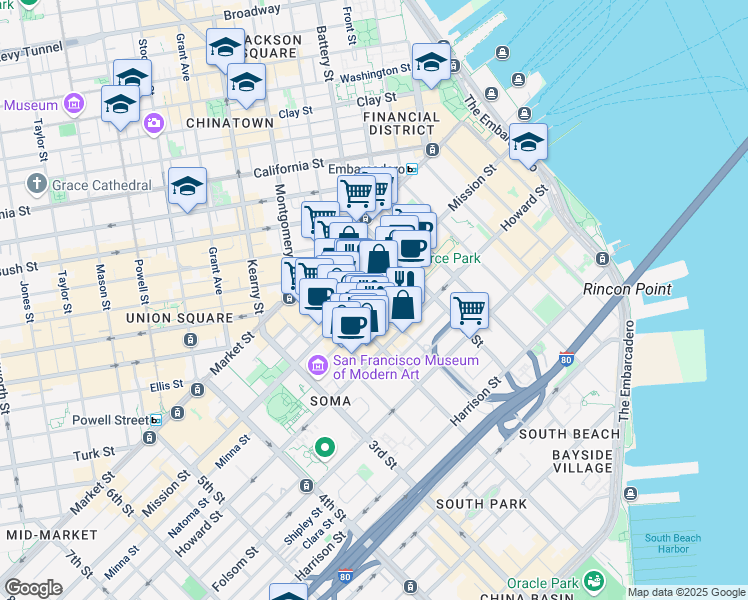 map of restaurants, bars, coffee shops, grocery stores, and more near in San Francisco