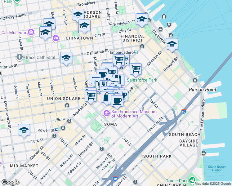 map of restaurants, bars, coffee shops, grocery stores, and more near 92 2nd Street in San Francisco