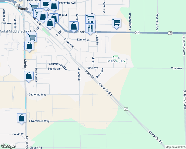 map of restaurants, bars, coffee shops, grocery stores, and more near 2326 Main Street in Escalon