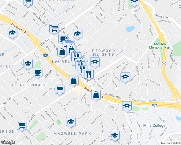 map of restaurants, bars, coffee shops, grocery stores, and more near 4250 Masterson Street in Oakland