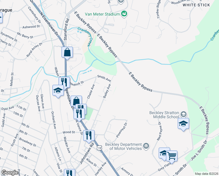 map of restaurants, bars, coffee shops, grocery stores, and more near 436-442 Bailey Avenue in Beckley