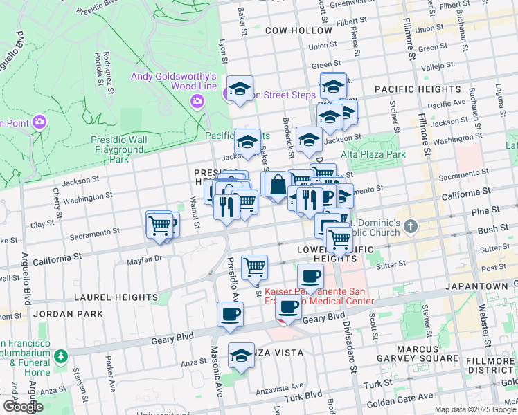 map of restaurants, bars, coffee shops, grocery stores, and more near 3150 Sacramento Street in San Francisco