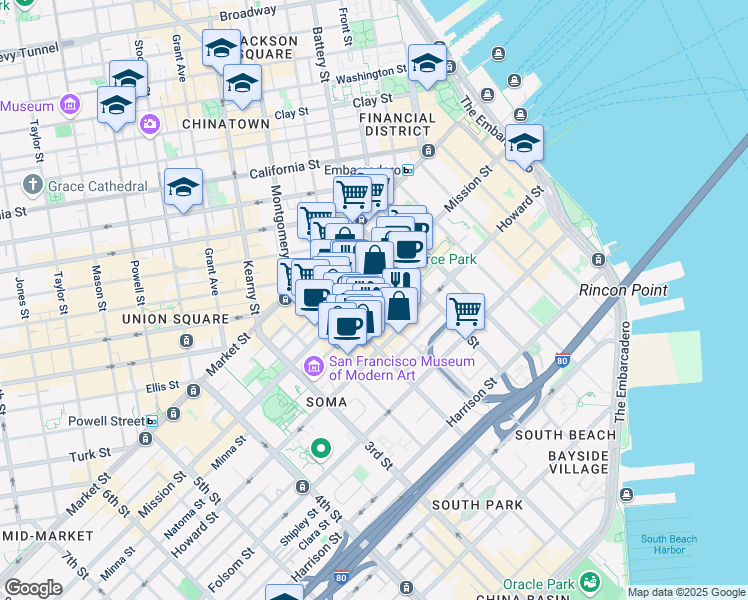 map of restaurants, bars, coffee shops, grocery stores, and more near 555 Mission Street in San Francisco