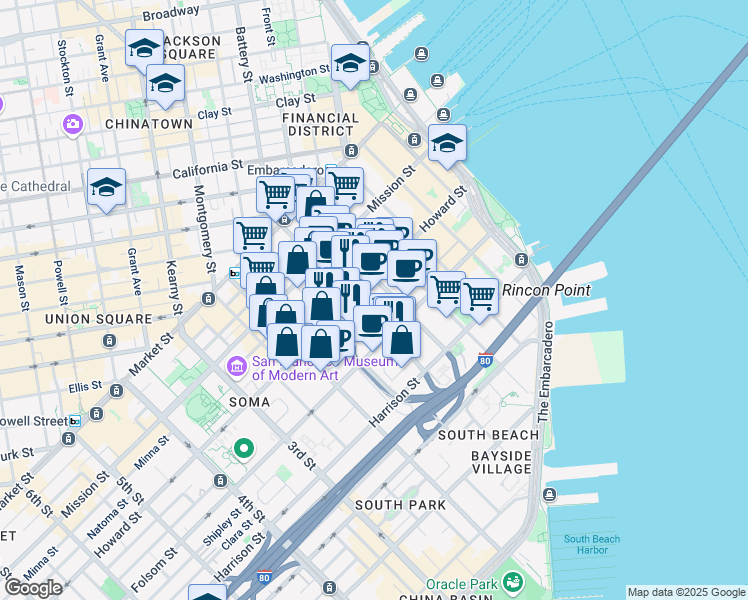 map of restaurants, bars, coffee shops, grocery stores, and more near 405 Howard Street in San Francisco